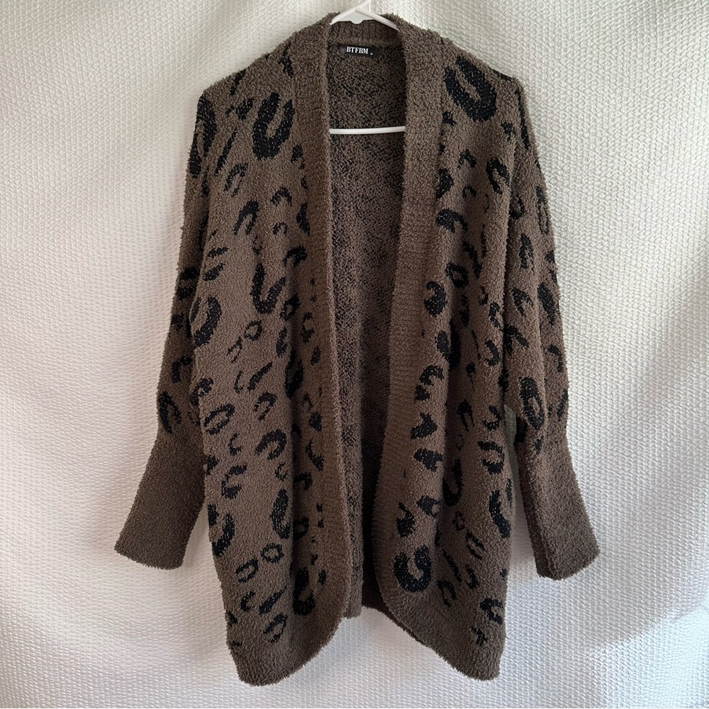 BTFBM Leopard Print Open Front Cardigan Women Medium Brown Black Cozy Sweater
